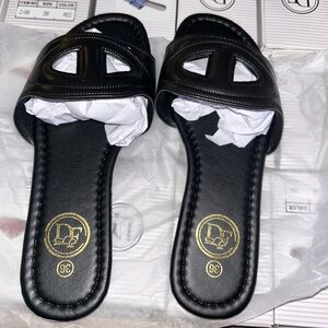 DF Branded Black Slide Mules - Open Cutout Upper